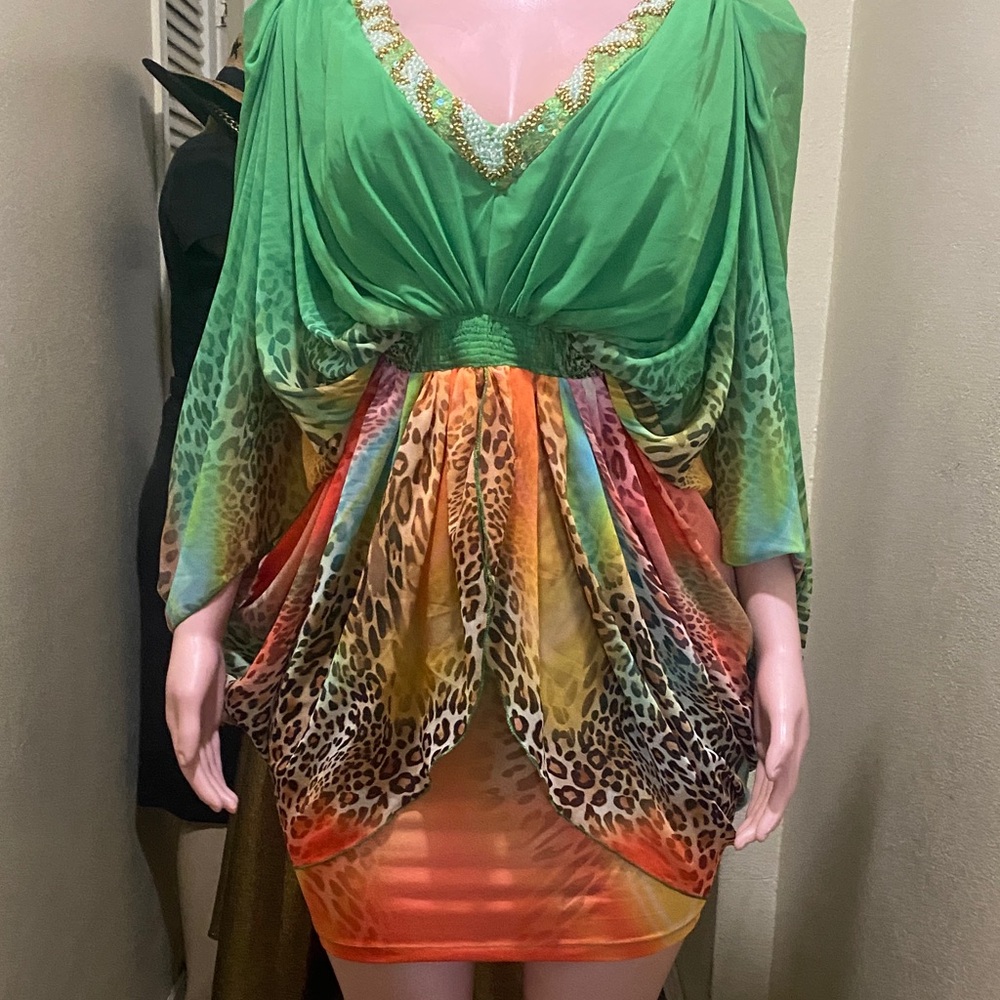 Vibrant Green and Multicolor Leopard Print Dress